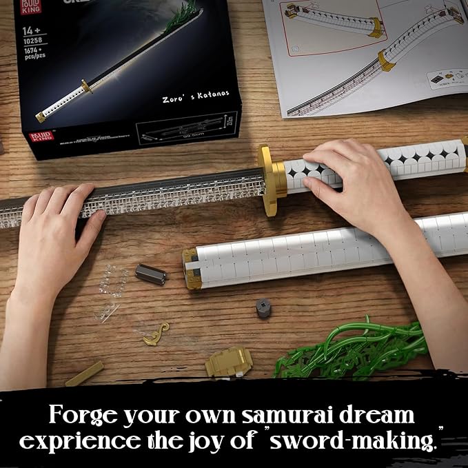Mould King 10258 Anime Swords Building Blocks Set Rechargeable LED Light Sword for Adult Role-Playing - Zoro’s Wado Ichimonji Model with Display Stand & Scabbard