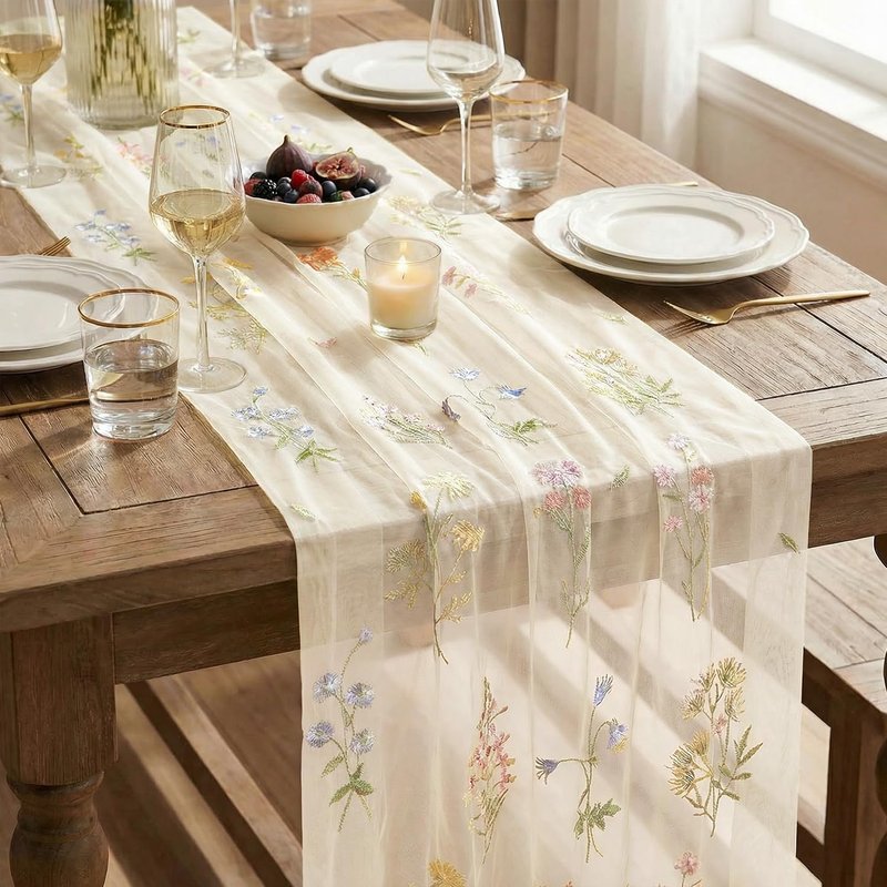 Artoid Mode Wildflower Floral Beige Apricot Gauze Embroidery Table Runner 120 Inch 10FT, Tulle Seasonal Spring Kitchen Dining Table Decor for Home Party
