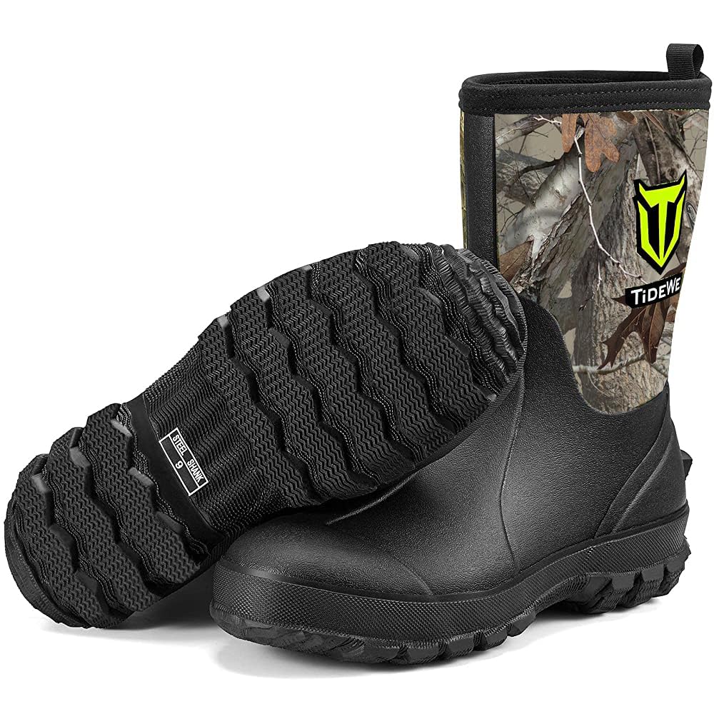 TIDEWE Rubber Boots for Men, 5.5mm Neoprene Insulated Rain Boots with Steel Shank, Waterproof Mid Calf Hunting Boots, Sturdy Rubber Work Boots for Farming Gardening Fishing (Next Camo G2 Size 7)