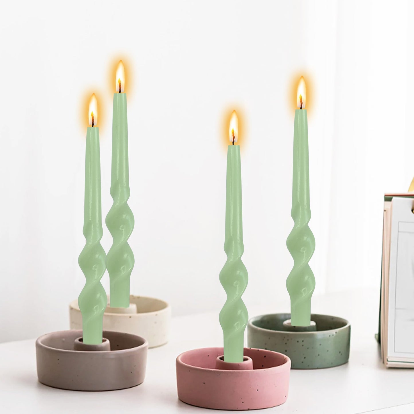 4 Pack Green Spiral Taper Candles Unscented Tapered Candles Twisted Candle 10 Inch Smokeless Tall Candlesticks for Weddings Dinner Parties Home Decor