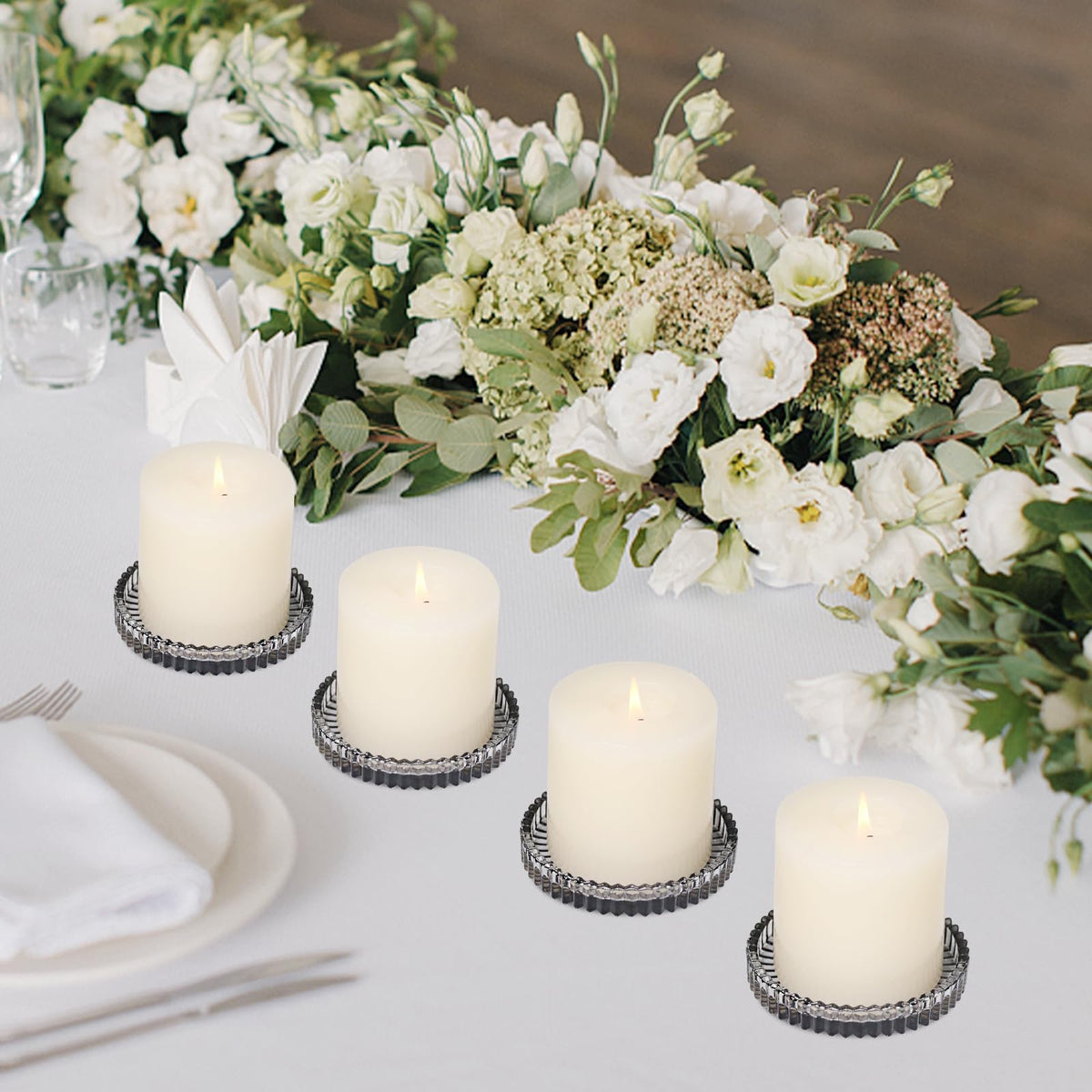 CHOCSTAY Glass Pillar Candle Holder, 4" Gray Candle Plates Set of 3, Glass Candle Holders for Wedding, Party, Holiday, Home Decor, Table Centerpiece