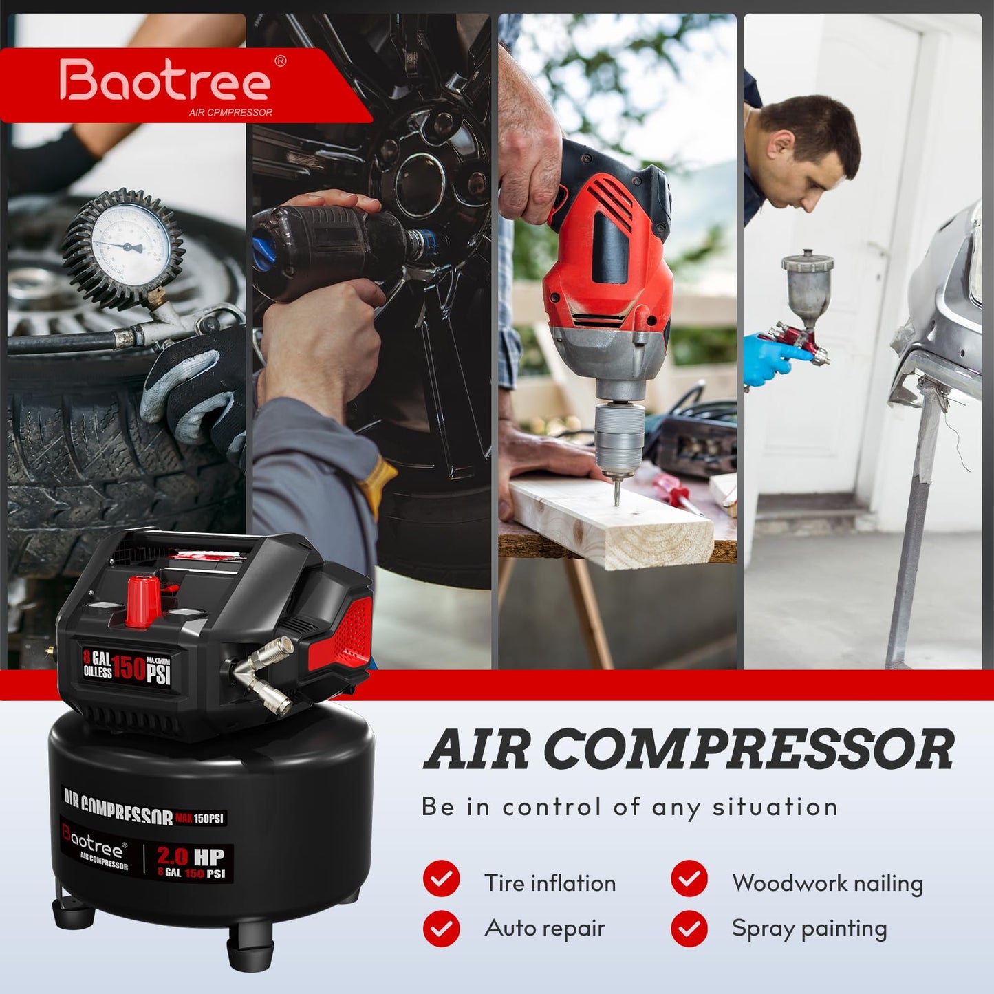 Baotree 8 Gallon Portable Air Compressor, Max 150PSI Oil Free Air Compressor Tank, 2HP Motor 2.8SCFM@90 PSI,3.8SCFM@40PSl Garage Air Compressors for Car Repair, Spray Painting, Woodwork Nailing