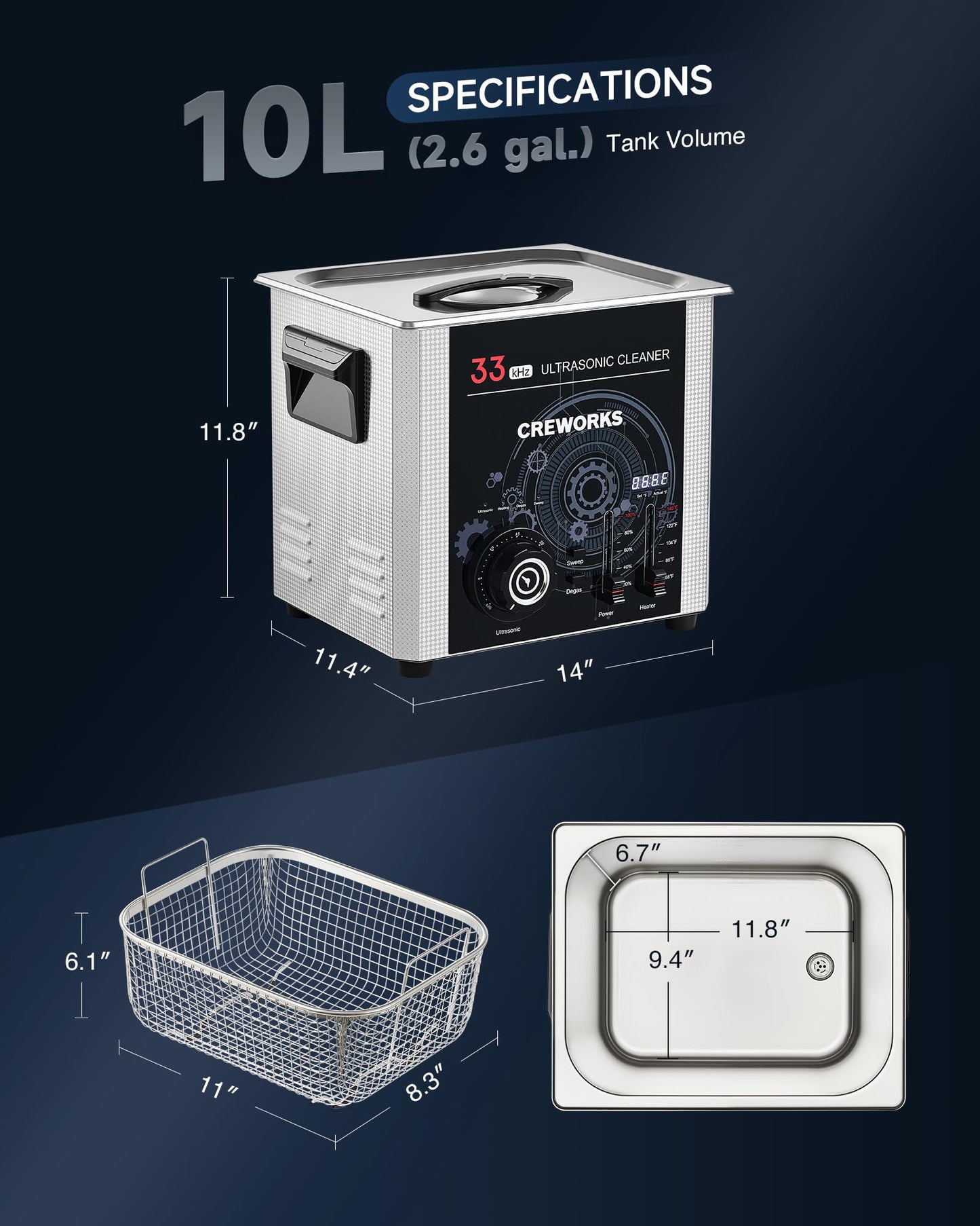 CREWORKS 10L Ultrasonic Cleaner with Sweep Function, 33kHz 240W Industrial-Grade Ultrasonic Cleaning Machine with Adjustable Timer Temp, Parts Cleaner Machine with Stainless Steel Basket 300W Heating
