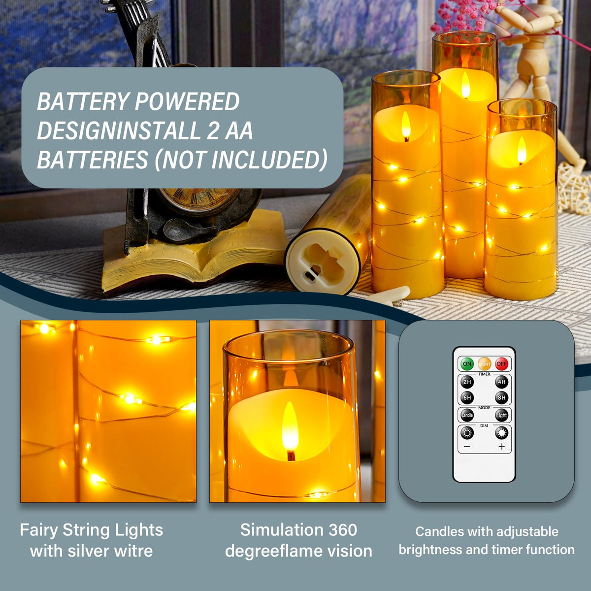 Eebuss Flameless Candles with Embedded Star String, Battery Operated LED Pillar Candles with Timer and Remote Control,Home Decorating for Ambiance, Set of 9 (Gold)