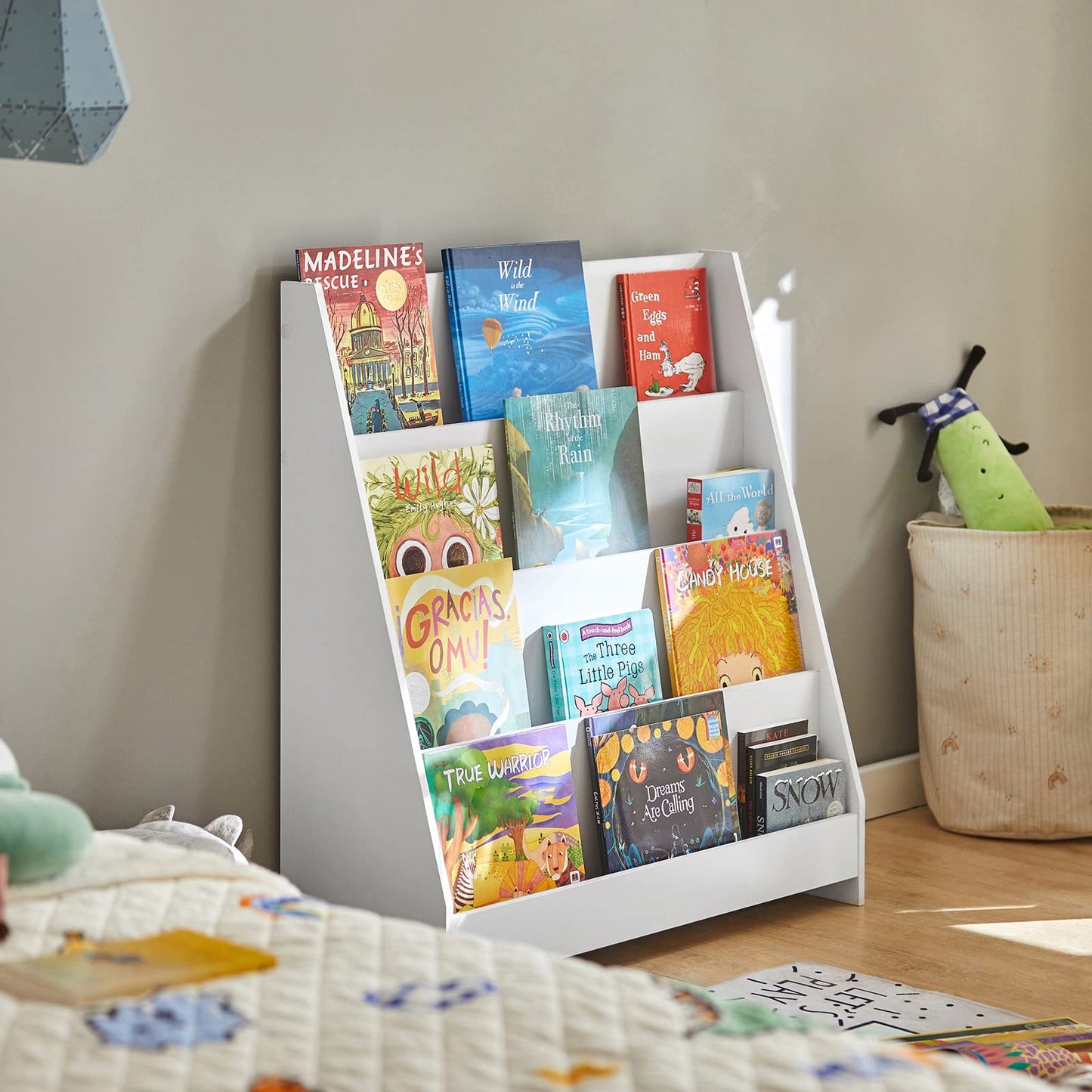 SoBuy Bookshelf for Kids, Montessori Bookshelf Toddler Bookcase 4-Tiers, Storage Display Rack Organizer Holder for Classrooms, Playrooms, and Nursery, White, KMB32-W