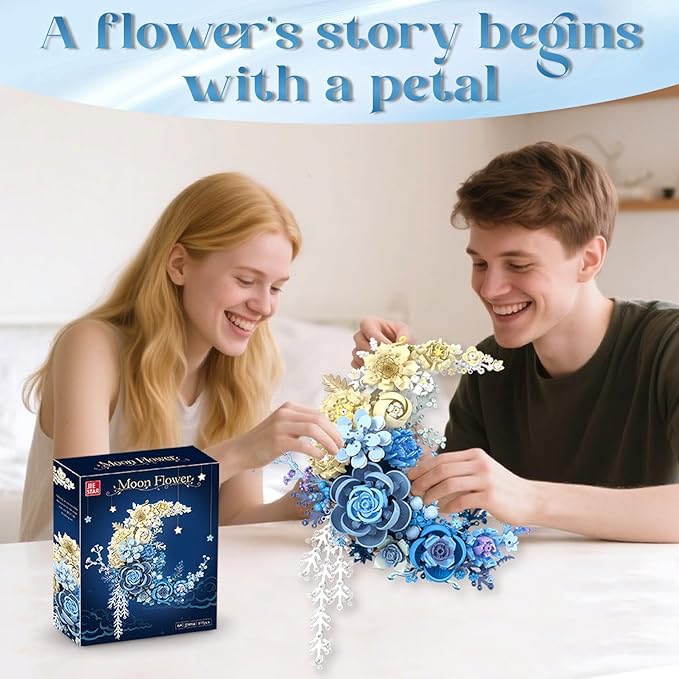 Moon Flower Building Set for Adults - 934 Pcs Light Up Botanical Kit with Lisianthus & Roses Artificial Flower Decoration for Home Bedroom Office Shelf Unique Gifts for Flower Lover