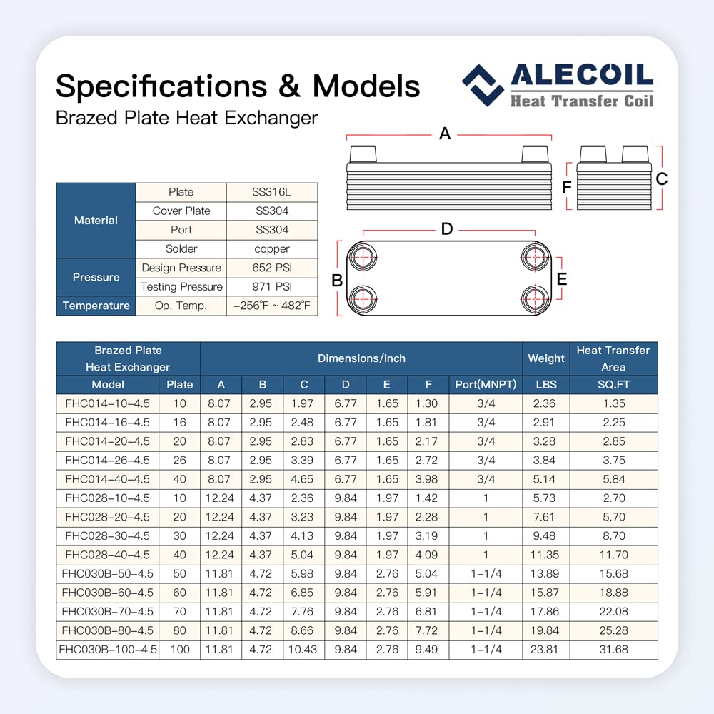 ALECOIL 3"x8" 26 Plates Heat Exchanger with 3/4" MPT Port Water to Water 316L Stainless Steel Brazed Plate Heat Exchanger for Water Heating, Floor Heating, Commercial and Industrial Refrigeration