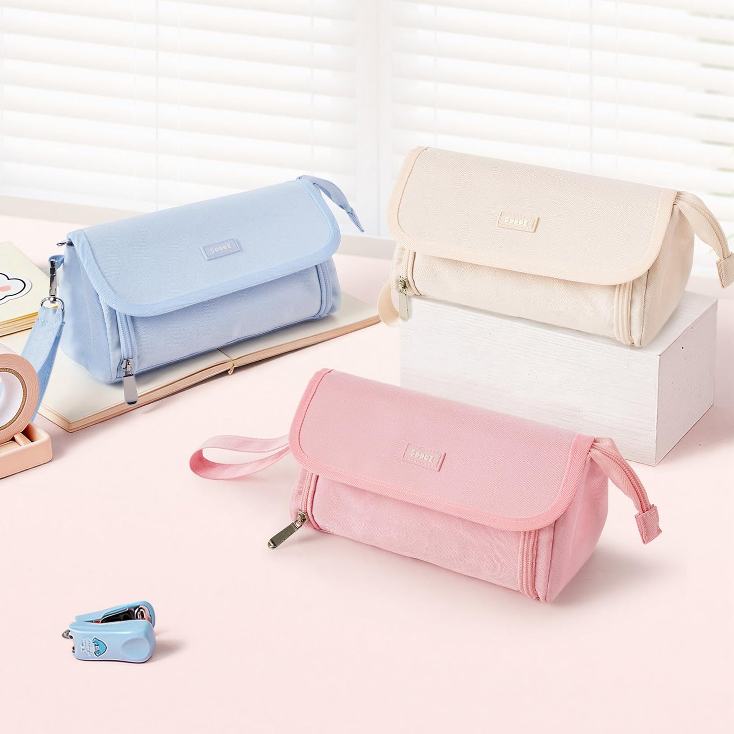 Sooez Super Large Pencil Case, Big Capacity Pencil Bag with 3 Compartments, Holds 100 Pencils, Cute Pencil Pouch with Zipper, Portable Stationery Pen Bag, Aesthetic School Supplies For Girls, Beige