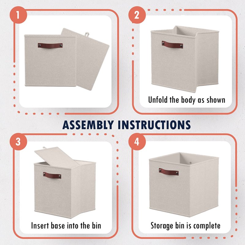 Ornavo Home 13 x 13 Storage Cube Bins, Foldable Collapsible Fabric Storage Bins Box Linen Shelf Basket Cube Organizer for Closet with Leather Handles, 6 Pack, Beige