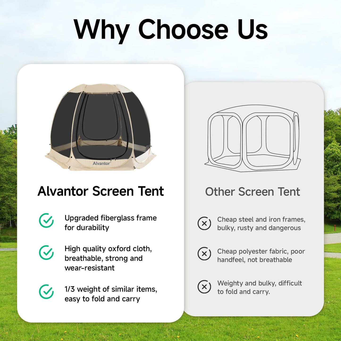 Alvantor Screen House Room Camping Tent Outdoor Canopy Pop Up Sun Shade Hexagon Shelter Mesh Walls Not Waterproof 10'x10' Beige Patent Pending