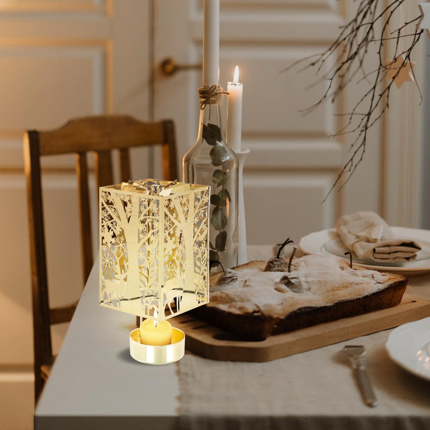 Beaupretty Rotating Candle Holder Christmas Carousel Spinning Candlestick Tealight Holder Romantic Candle Spinner for Holiday New Year Party Wedding Golden
