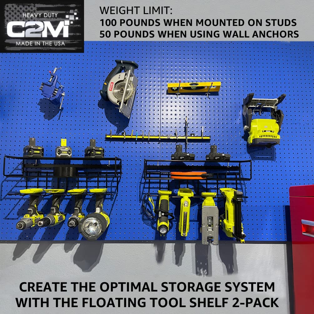 C2M Heavy Duty Floating Tool Shelf & Organizer | Wall Mounted Garage Storage Rack for Handheld & Power Tools | USA Made, 100# Weight Limit, Compact Steel Design | Perfect for Father's Day | Black