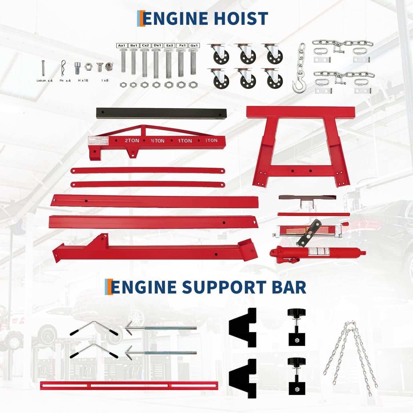 DEXSO Engine Hoist and Engine Support Bar Combo, 2 Ton Folding Hydraulic Engine Crane, 4400 LBS Cherry Picker, 1100 LBS 2 Point Lift Holder Hoist Dual Hooks, Red