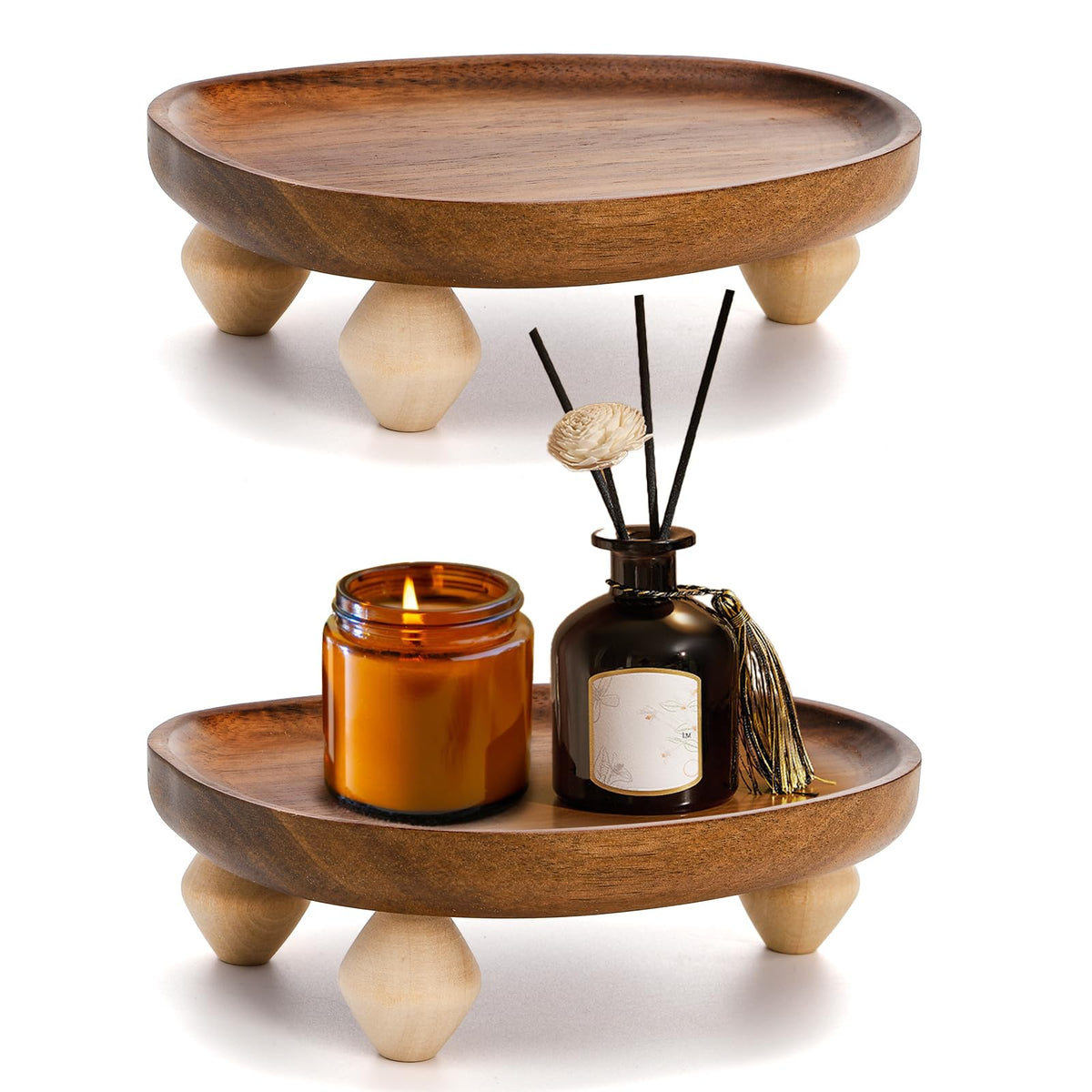 Dicunoy 2 Pack Acacia Wood Riser for Decor, 6" Small Wood Pedestal Display Stands for Kitchen Counter, Rustic Wooden Tray for Bathroom Counter, Tabletop Centerpieces, Entry Table, Farmhouse Decor