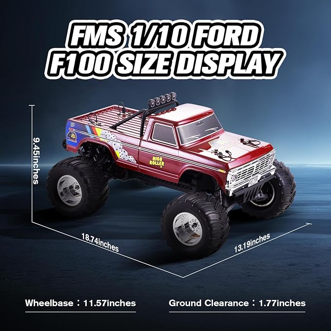 FMS 1/10 RC Truck Ford F-1002WD Monster Truck with Licensed Body 550 Brushed Motor Oil Shocks Independent Suspension – All-Terrain RC Crawler High Speed Off-Road RC Car for Gift(Red High Roller)
