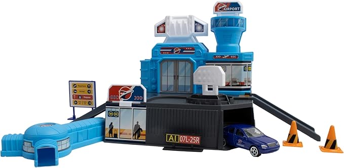 Daron Airport Building Playset with Boeing 787 Die-Cast Metal Airplane & Free-Wheeling Airport Car – Buildable Terminal with ATC Tower Jet Bridge & Accessories Construction Toy for Ages 3+
