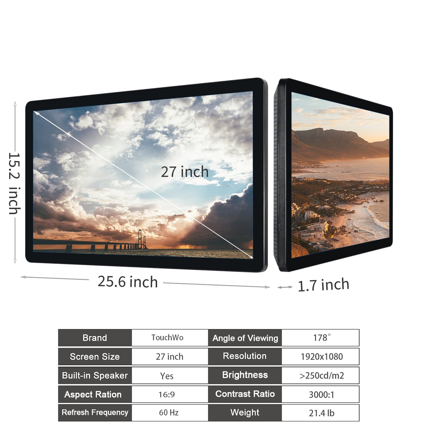 TouchWo 27 inch Capacitive Multi-Touch Screen Industrial Monitor, 16:9 Display 1920 x 1080P, Built-in Speakers, VGA, DVI & HDMI Monitor for PC, POS, Small Business, Restaurant