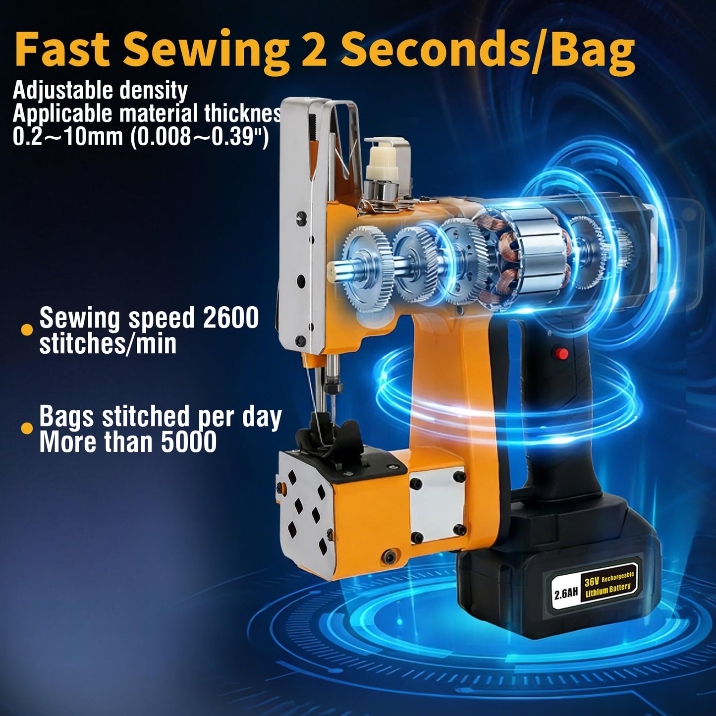 Cordless Bag Sewing Machine 2s/bag, Cordless Bag Closing Machine with 2.6A 36V Rechargeable Lithium Battery, Aluminum Alloy Portable Bag Sewing Machine for Burlap Sack, Canvas, Feed Sacks