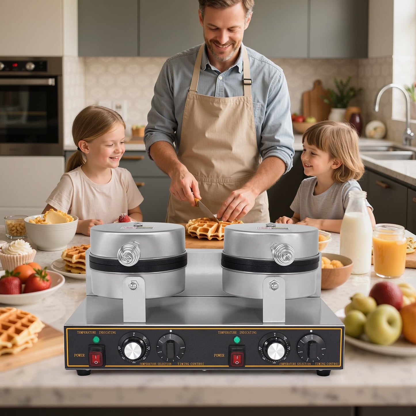 Dyna-Living Waffle Maker 2400W Double Waffle Iron Maker Restaurant Non-stick Round Waffle Machine Commercial Waffle Maker Large Waffle Machine for Hotel, Thicken Stainless Steel