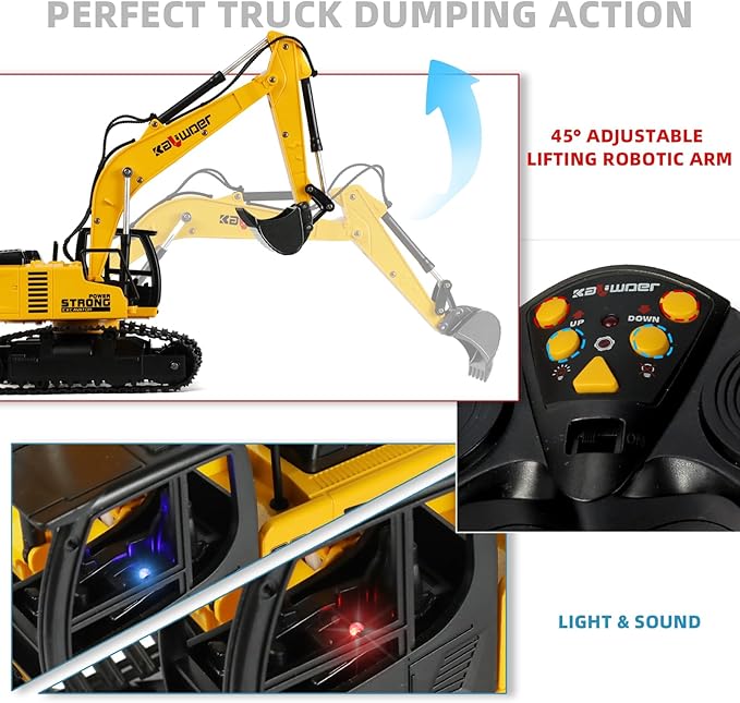 Remote Control Excavator for Boys Metal Bucket Construction Vehicle - Includes 2 Rechargeable Batteries for 40+ Mins Play 1/24 Scale Realistic Sound & Lights STEM Gift for Kids 3-12