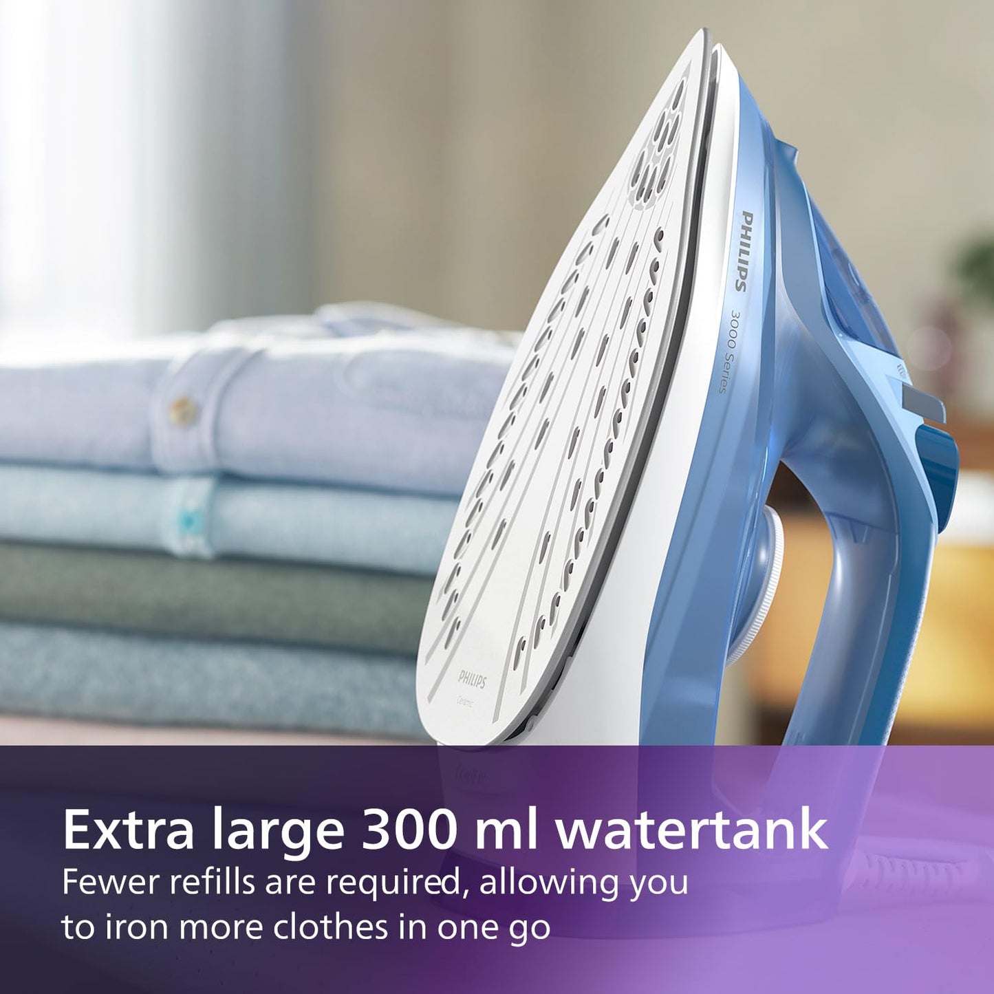Philips Perfect Care 3000 Series Steam Iron - 1250 W power, 40 g/min continuous steam, 200 g steam boost, 300 ml water tank, blue (DST3031/20)