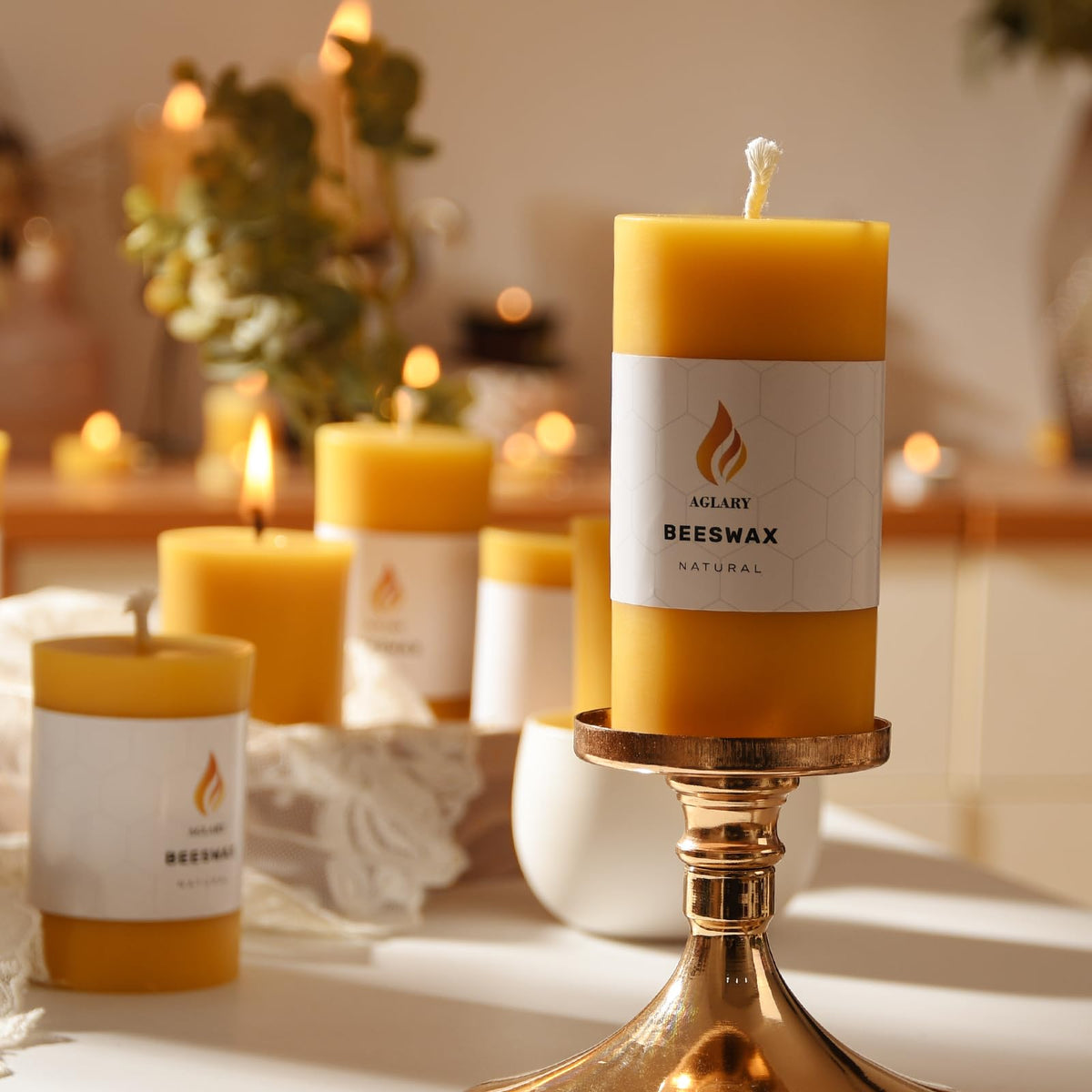 AGLARY 6PCS Beeswax Pillar Candles,Large Handmade Pure Beeswax Candle,Long Lasting Burn Time,Unscented Smokeless,2 * 4",28H, Raw