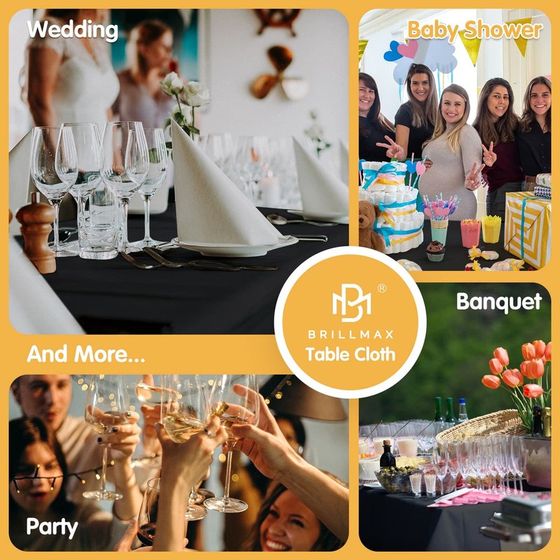 BRILLMAX 8 Pack Black Tablecloths 60 x 102 Inch for 6ft Rectangle Tables - 150 GSM Polyester Fabric, 15" Standard Drop, Water, Stain & Wrinkle Resistant Cloth Cover for Wedding Banquet Dining Buffet