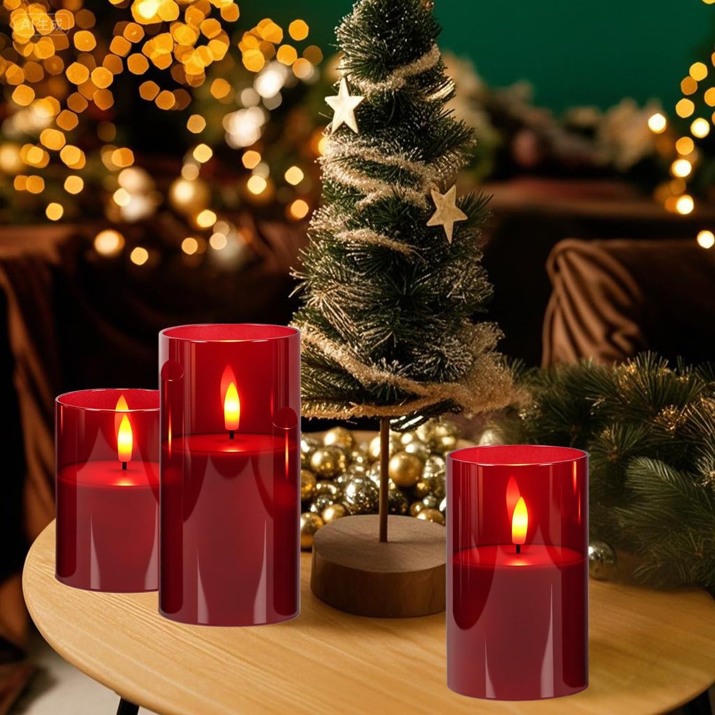 GenSwin Glass Flameless Candles with Remote Battery Operated Flickering LED Pillar Candles Real Wax 3D Wick for Wedding Festival Home Decoration(Red,Pack of 3)
