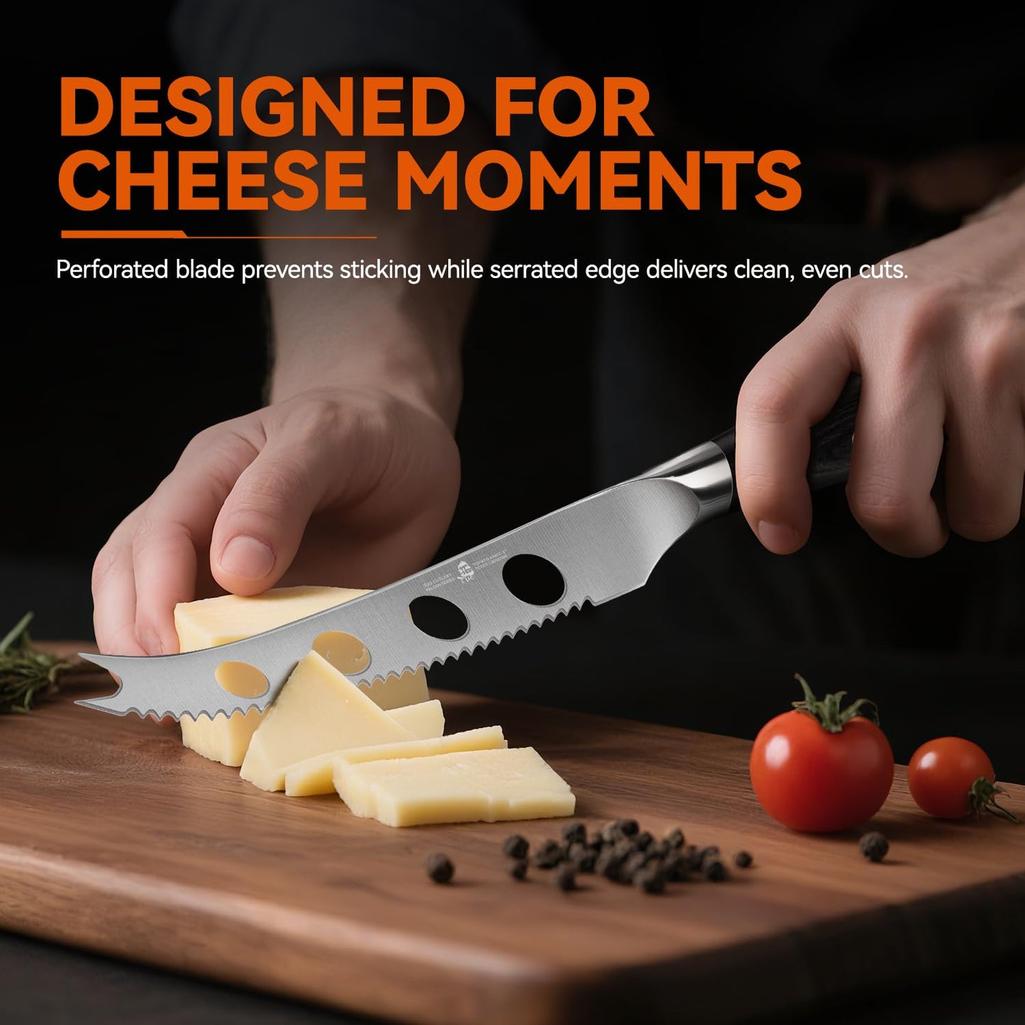 TUO Cheese Knife, 5" Cheese Knives Slicer for Block Cheese, Serrated Tomato Knife, Forked Tips & Non-Stick Blade, High Carbon German Steel, Ergonomic Pakkawood Handle with Gift Box, Falcon Series