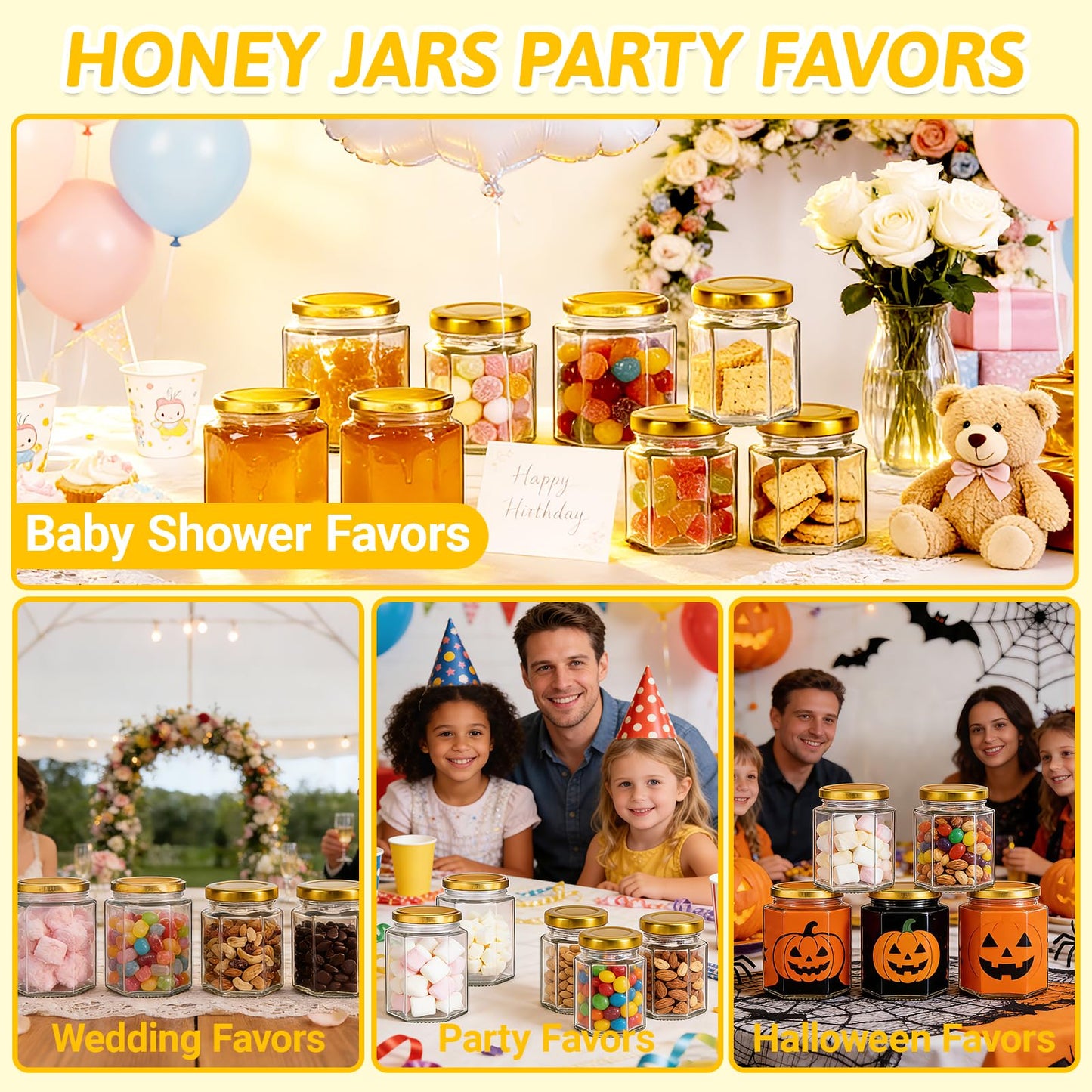 Haneye 3 oz Hexagon Glass Jars with Gold Lids, 30 Pack Honey Jars Canning Jars Small Spice Jars for Jelly, Herb, Jams, Candy, Wedding Favors, Includes Labels and Pen