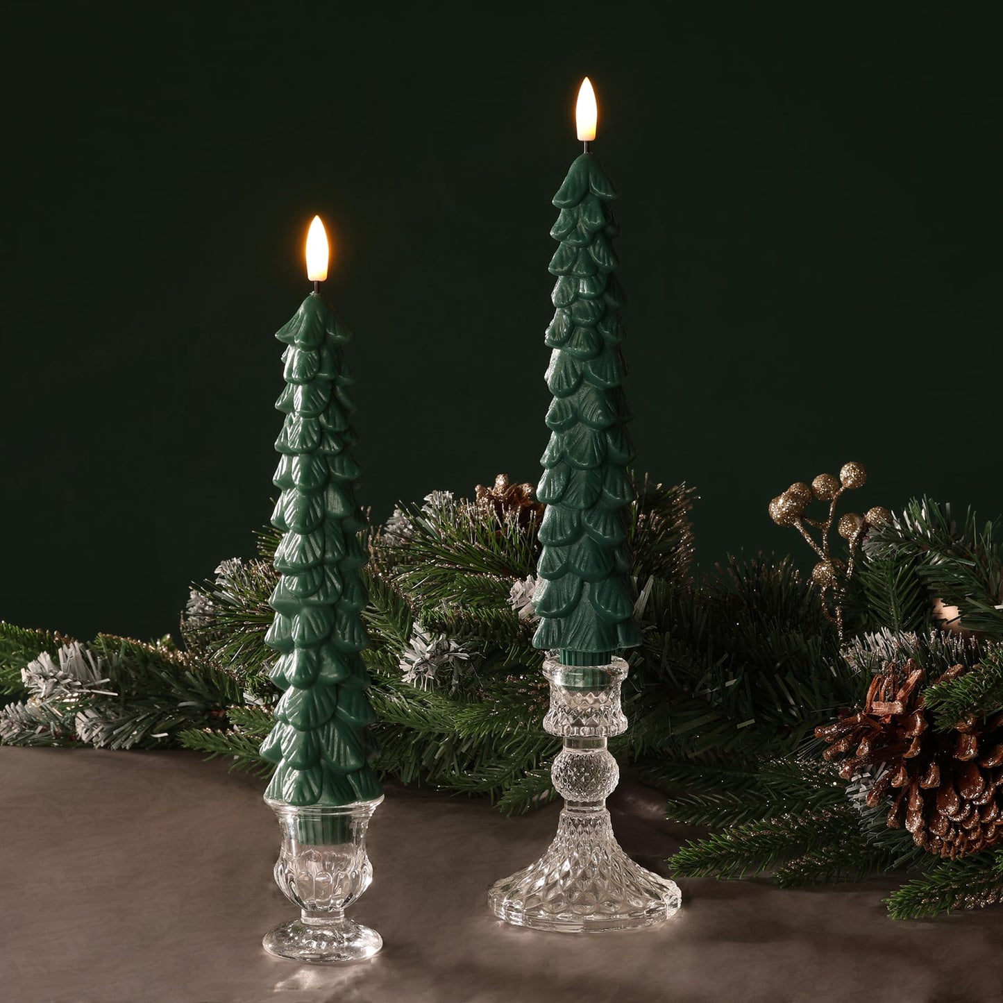 Eywamage Green Christmas Tree Taper Candles with Remote, Real Wax Flickering Flameless LED Candlesticks Set of 2
