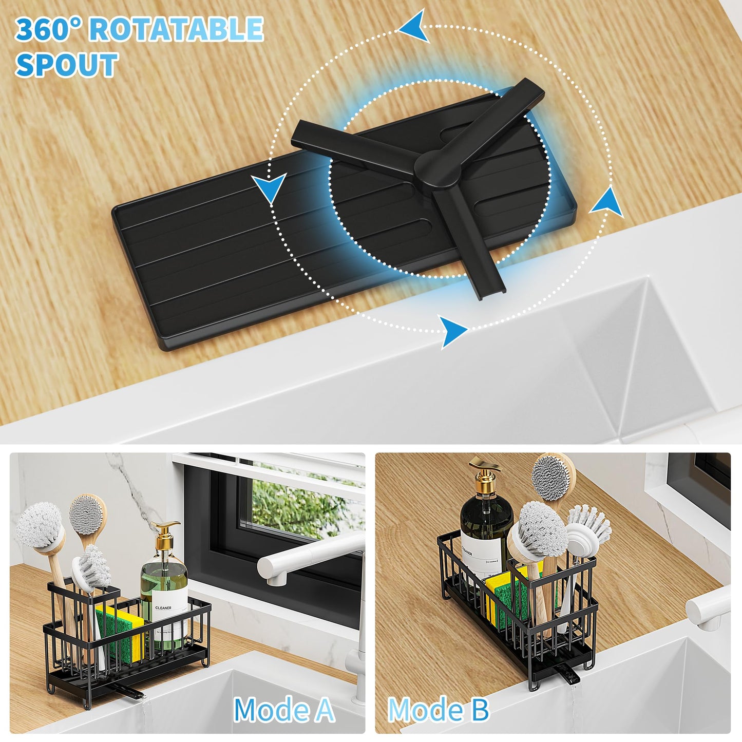Cisily Black Sponge Holder for Kitchen Sink, Sink Caddy Organizer with High Brush Holder, Kitchen Countertop Organizers and Storage Essentials, Rustproof 304 Stainless Steel, Soap Dispenser Organize