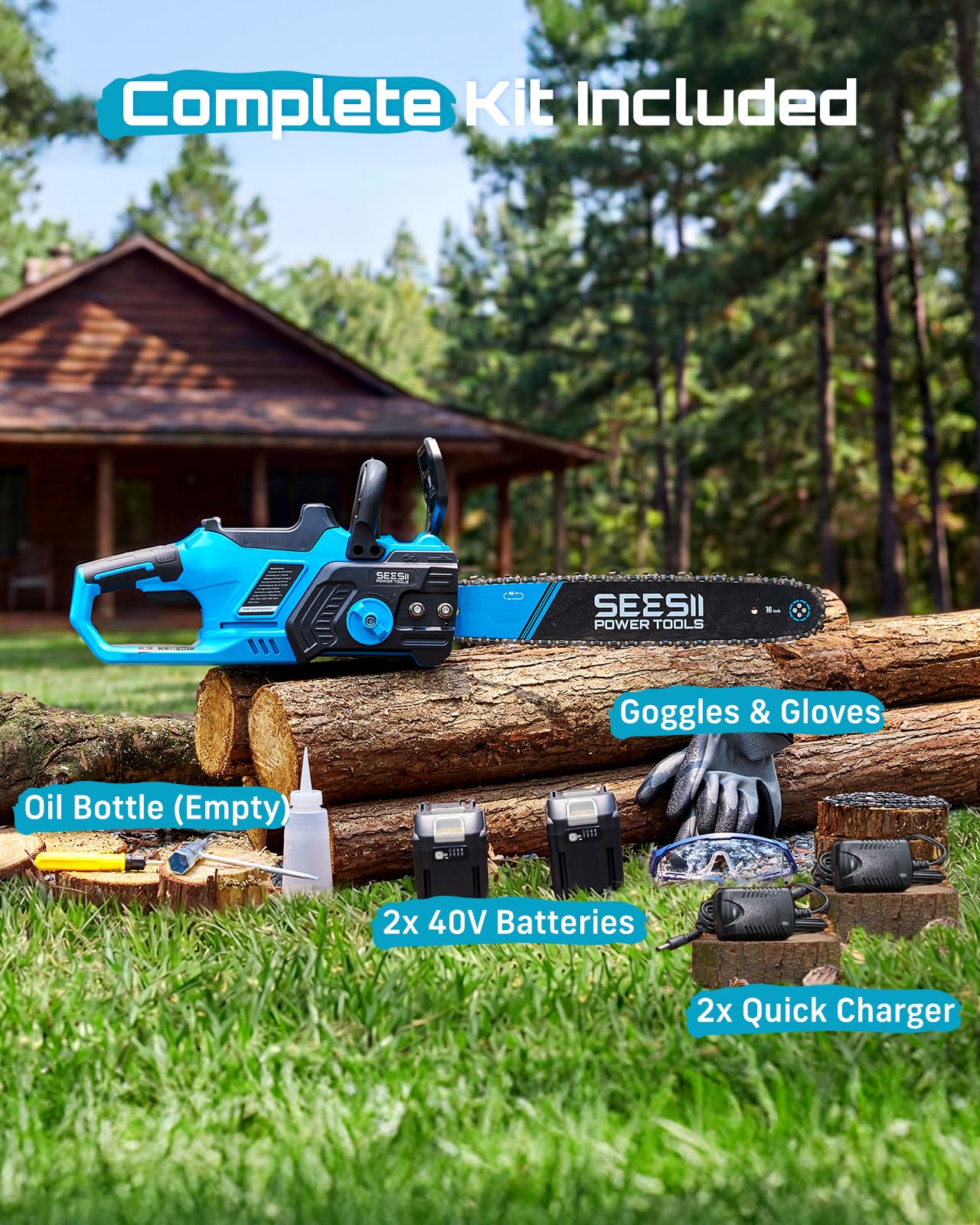 SEESII 40V 16-Inch Cordless Chainsaw: Brushless Electric Chain Saws with 2×4.0Ah Batteries & Charger, Tool-Free Chain Tension, Auto Oiling, for Tree Trimming, Wood Cutting, Yard Work