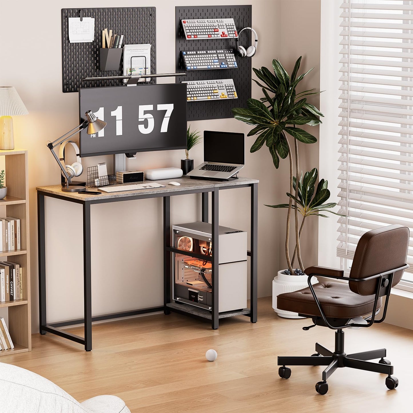 SINPAID Computer Desk 40 inches with 2-Tier Shelves Sturdy Home Office Desks with Large Storage Space Modern Gaming Desk Study Writing Laptop Table, Gray