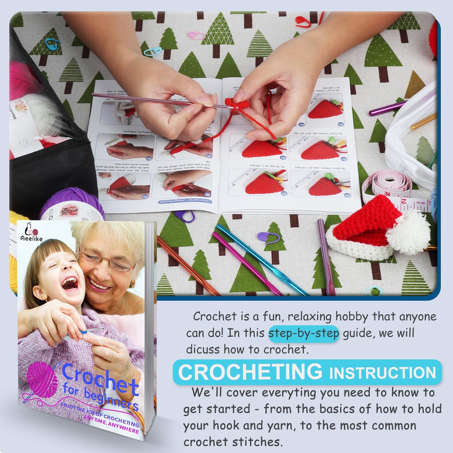 Aeelike Crochet Kit for Beginners with 15 Colors Yarn and Introduction Book, 71pcs Crochet Starter Kit Everything for Adult, Learn to Crochet Kit with Soft Grip Crochet Hooks and Blue Cat Bag