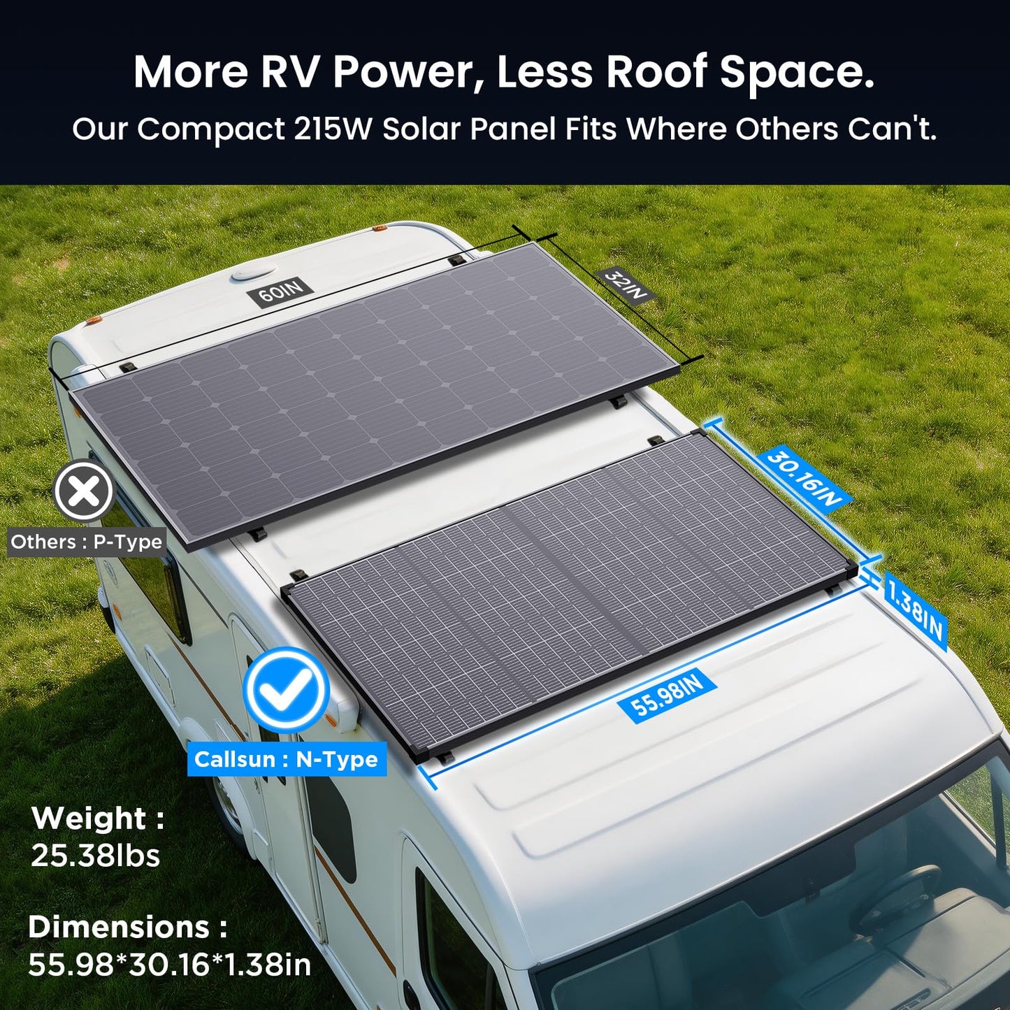 430W Anti-Shading Bifacial Solar Panel,Callsun 2PCS 215 Watt N-Type 16BB Monocrystalline PV Module, Over 25% High Efficiency,Ideal for 12V/24V System,RV,Marine,Portable Power Station,Off-Grid