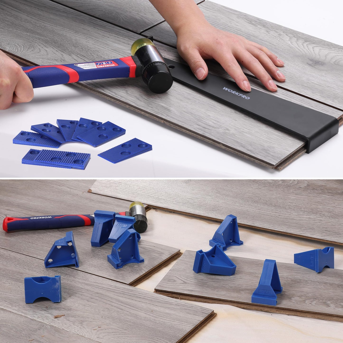 WORKPRO 63-Piece Laminate Flooring Tools, 5-in-1 Vinyl & LVP Flooring Installation Kit with Tapping Block with Handle, Heavy Duty Pull Bar, Double-Faced Mallet & 60-Piece Spacers for Pros & DIY Users