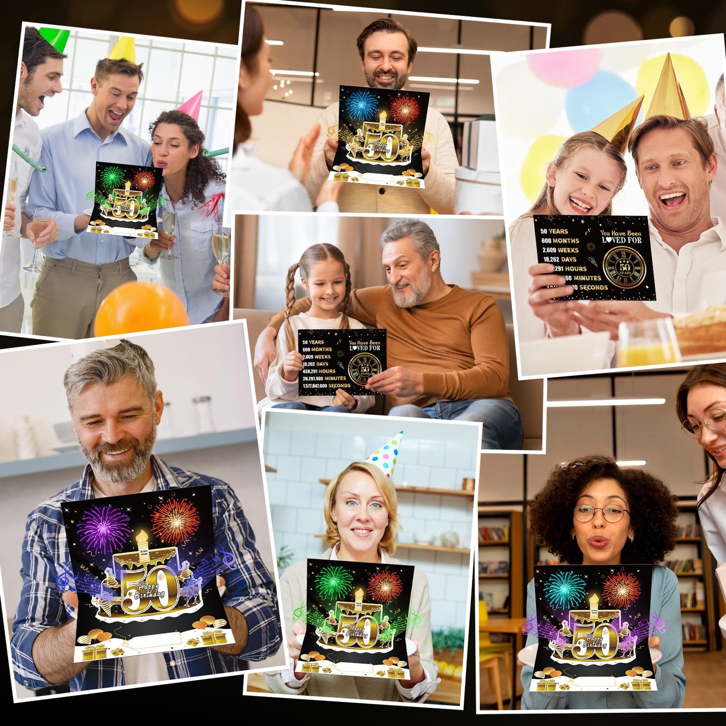 Turypaty 50th Birthday Cards Pop Up 3D Cake - Firework & Music & Blow Out Candle Light Funny Happy 50 Black Gold Birthday Card Gifts for Men, Women, Friends, Boyfriend, Dad, Mom, Husband, Wife