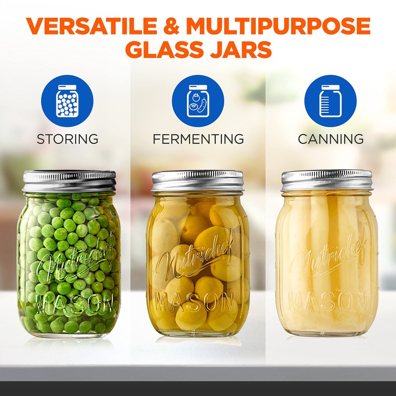 NutriChef 6-Pack 16 oz Mason Jars with Lids - Thick Glass Canning Jars with Stainless Steel Lids - Ideal for DIY Spices, Meal Prep, Overnight Oats, Jelly, Jam, Honey, Candles, Crafts, & More