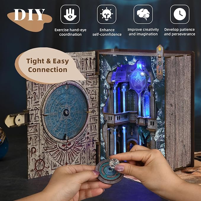 Book Nook Kit with LED Light Miniature House Kit for Birthday 3D Wooden Bookends Puzzle Bookshelf Decor for Adults Teens Beginners (Circle of Magic)