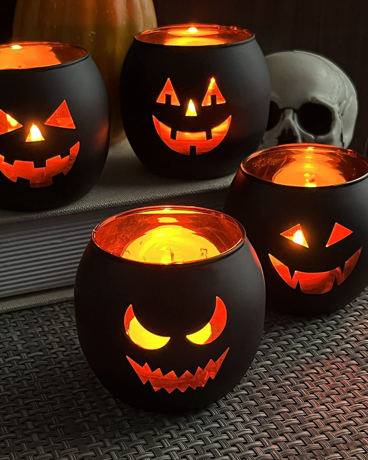 SHMILMH Halloween Table Centerpiece Candle Holders Set of 12, Black and Gold Glass Votive Holder with 6 Grimace, Tealight Holders Bulk for Halloween Party D?or
