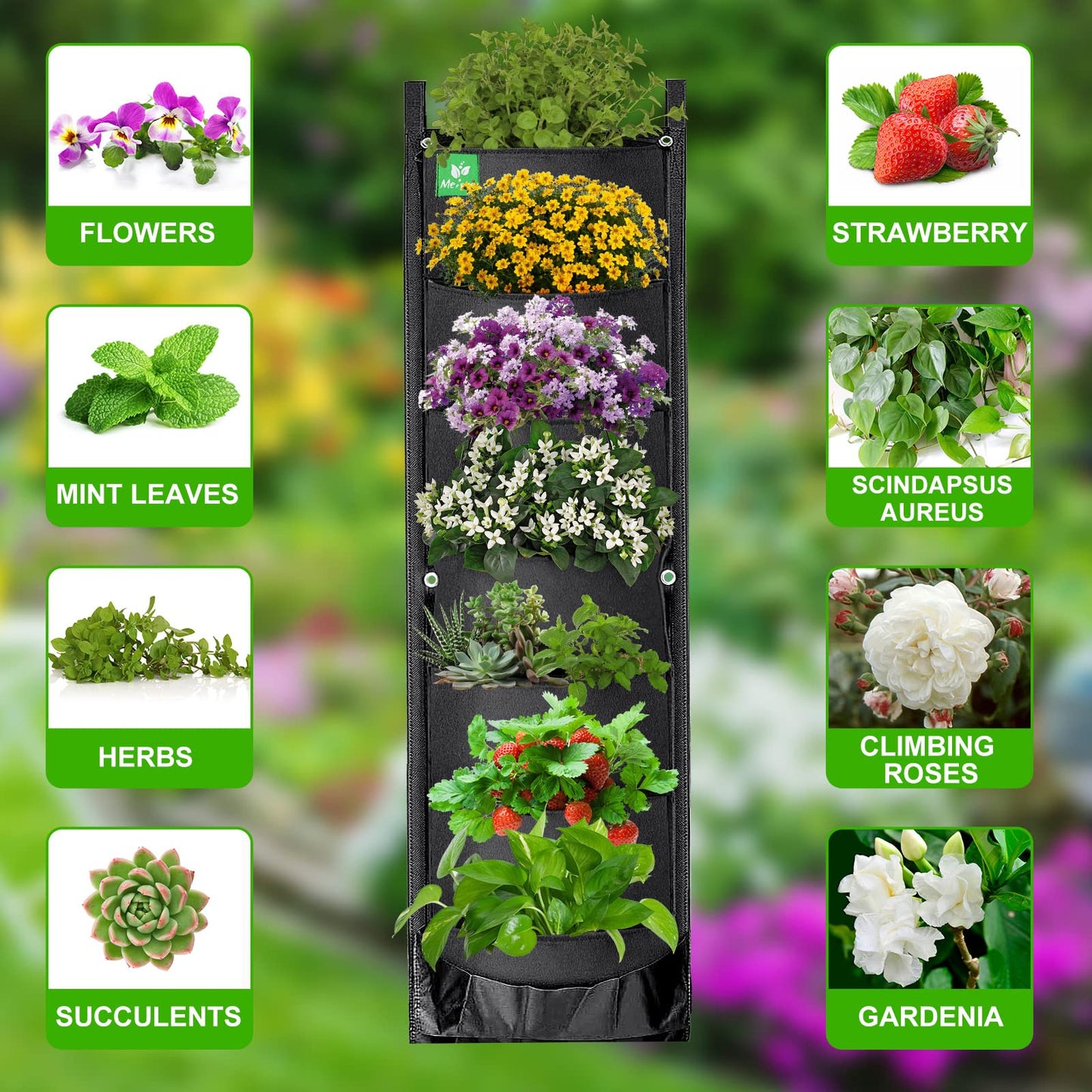 MEIWO 7 Pocket Hanging Planter for Outdoor Plants, 1 Pack Vertical Wall Planter, Balcony Planter, Railing Planter, Garden Balcony Decor