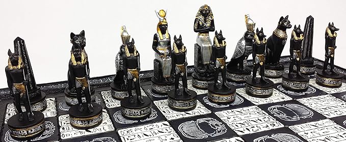 Egyptian Anubis Chess Set Black Silver and Gold Men with 16 Hieroglyphic Board