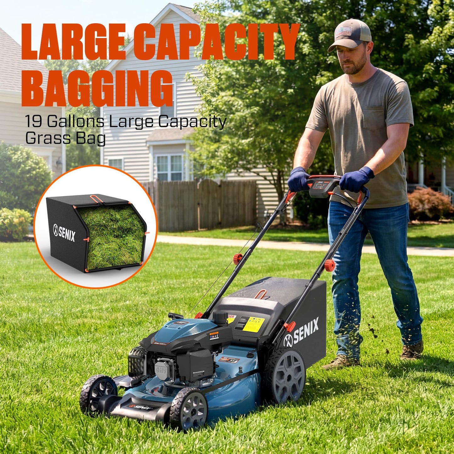SENIX 22 Inch Gas Lawn Mower, 201cc 4-Cycle OHV Engine, Variable Speed Rear Wheel Self-Propelled Mower, 3-in-1 Mower with Bagging, Mulching & Side Discharge, 6-Positions Adjustable Cutting Height