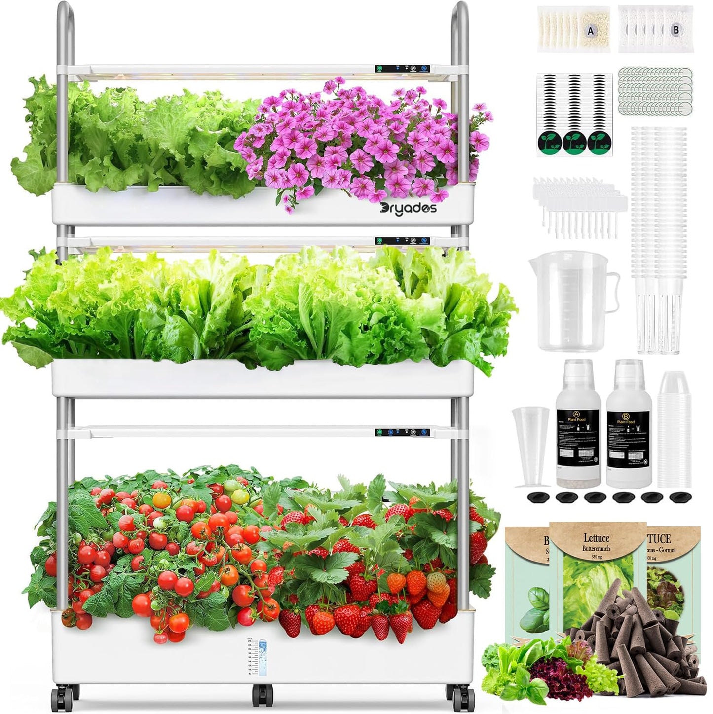Large Hydroponic Tower Garden System White, 90 Pod Vertical Indoor Growing Kit with LED Grow Light, Auto Circulating Water System, 40L Planter