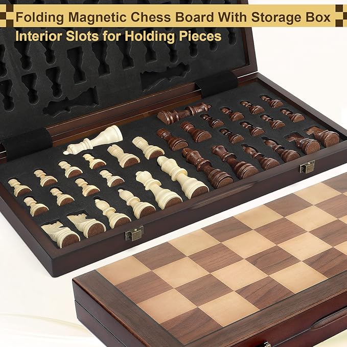 Magnetic Wooden Chess Set for Adults Kids 17'' Chess Board with Handmade Pieces Folding Portable Travel Unique Chess Sets Game for Tournament Professional Beginner