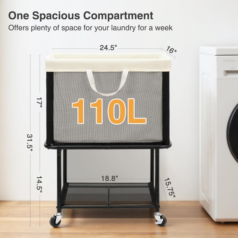 STO STO Rolling Laundry Hamper with Lockable Wheels, 29-Gallon (110L) Laundry Cart with Removable Canvas Bag, 2-Tier Clothes Basket Hamper with Shelf for Closet, Bedroom, Bathroom, Laundry Room