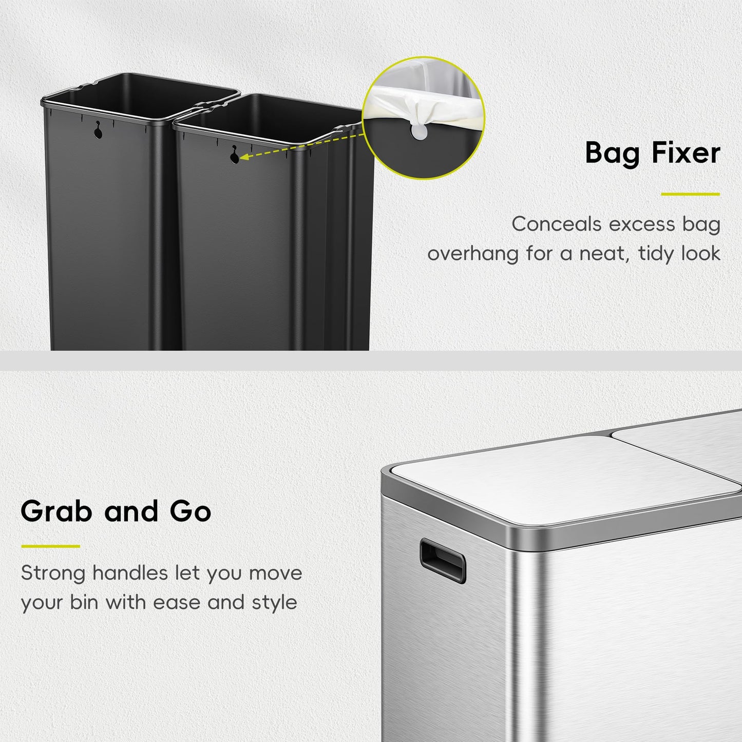 EKO EcoCasa Plus 2 x 10.6 Gal Dual Recycling Trash Can for Kitchen, Large Stainless Steel Step-On Garbage Can with Soft-Close Lids, Odor-Proof and Fingerprint-Resistant, Removable Buckets with Handles