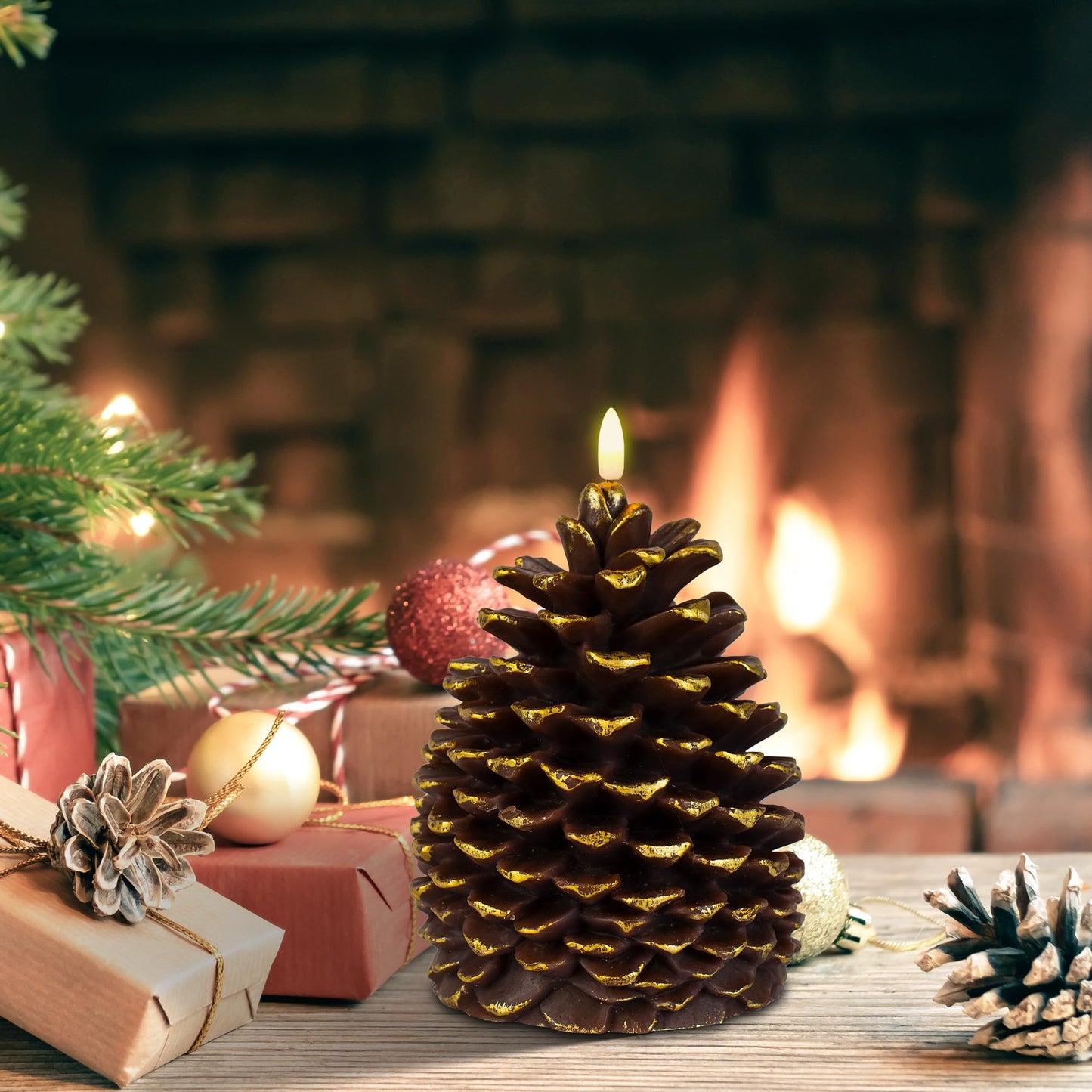 Yongmao Large Pine Cone Flickering Flameless Candles with Timer, Battery Operated Real Wax LED Candles for Christmas Home Party Decoration, Brown