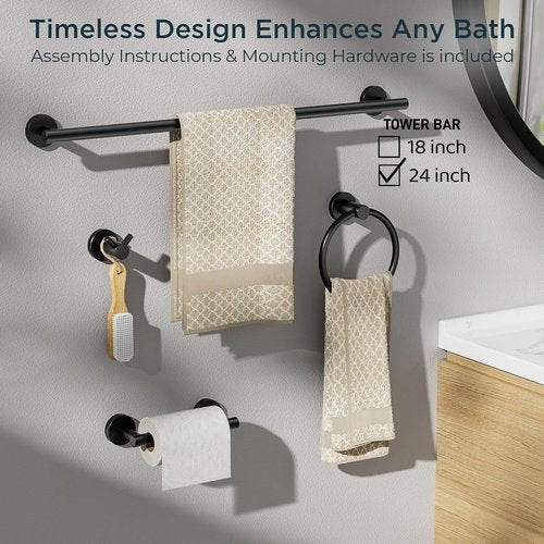 FORIOUS Stainless Steel Bathroom Hardware Set - Modern Towel Bar & Toilet Paper Holder | 4-Piece Matte Black (24" Bar)